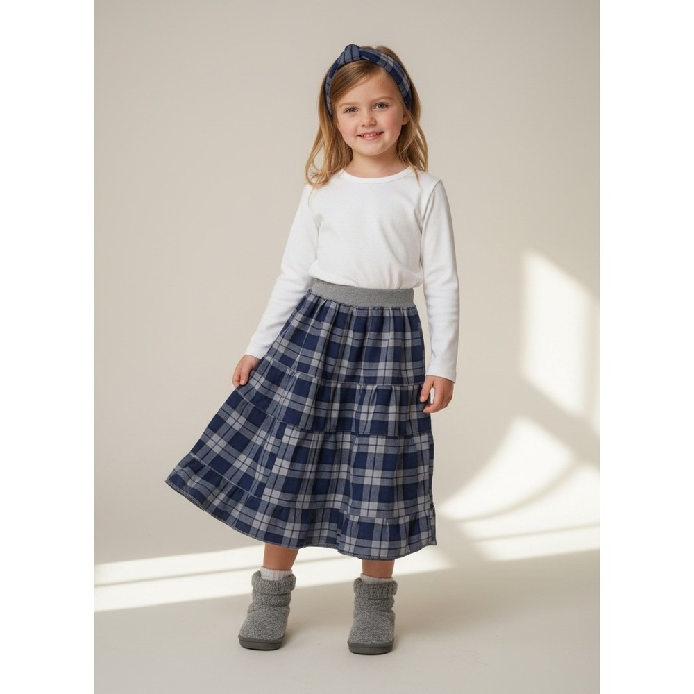 Girls Midi Mom and Pop's Kids Plaid Skirt Size 6 Navy Blue Grey Woven Upcycled